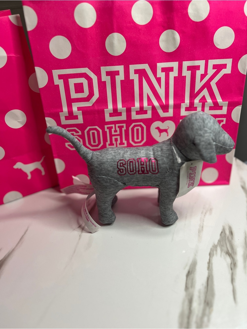 NWT VS PINK SOHO Grey Plush FOIL SOHO AND PINK LOGO